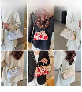Collage of floral embroidered shell bags with pearl handles shown on a model