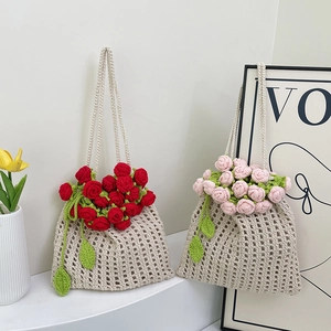 Sac Seau Crocheté À La Main Sac À Bandoulière En Tricot Évidé Avec Fleur De Rose 3D Style Pastoral Esthétique Femmes