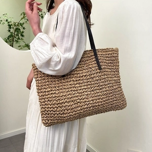 Grand sac cabas en paille tressée avec anses noires, sac à main décontracté pour femme