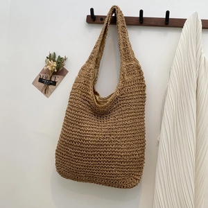 Sac À Épaule Tissé En Paille Pour Femmes Grande Capacité Sac À Main Ajouré Mode Vacances Plage Casual Kaki Tote