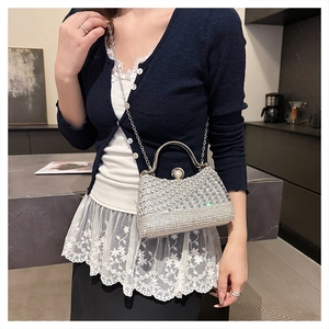 Detail of silver rhinestone evening bag with luxury pearl clasp and chain strap