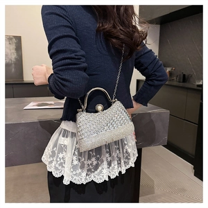 Silver rhinestone evening bag with pearl clasp and chain strap worn by a model