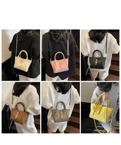 Detailed views of mini leather bucket bags in six colors shown on a model