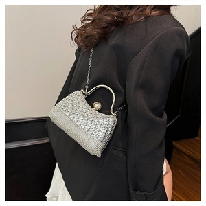 Silver rhinestone evening bag detail with gold metal handle and elegant pearl clasp on model