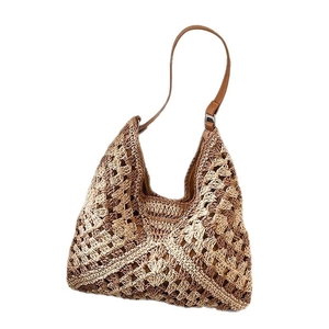 Handmade crochet tote bag with geometric hollow patterns and brown leather strap