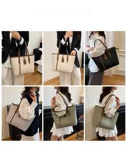 Litchi pattern leather tote bag in four colors showing model styling and capacity