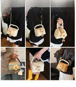 Detail shots of various woven straw beach bags featuring floral charms and ruffled handles