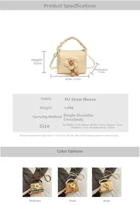 Detail view of woven straw shoulder bag with floral accents and sizing parameters