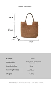 Detailed size chart for handmade woven tote bag with 40x37x2cm dimensions and strap height
