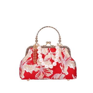 Red vintage shell bag with gold embroidery and white imitation pearl handle for women