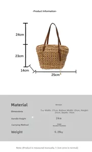 Tableau détaillé des tailles pour le grand sac cabas tissé avec dimensions et anses