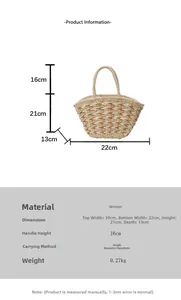 Detailed size chart of large woven straw tote bag with 39cm width and 16cm handle height