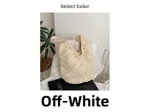 Detailed close-up of handmade crochet woven pattern on a beige bohemian shoulder bag