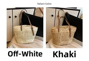Détail des sacs fourre-tout en paille blanc cassé et kaki avec lanières en cuir tressé