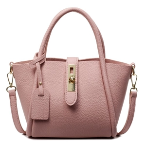 Elegant pink lychee leather handbag with golden lock and adjustable crossbody strap