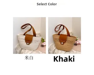 Detail view of woven straw tote bags in off-white and khaki with pearl button closures