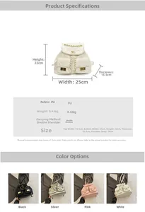 Quilted backpack detailed size chart and material specs in black silver pink and white