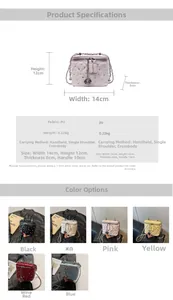 Detailed view of quilted bucket bag with chain strap and metal logo charm decoration
