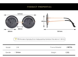 Guide des tailles pour lunettes de soleil rondes flamme montrant les dimensions exactes