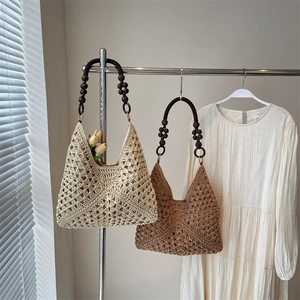 Woven Shoulder Bag Crochet Straw Tote With Wooden Bead Handle Hollow Out Beach Vacation Boho Style Handbag For Women