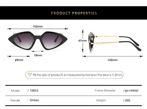 Detailed sizing chart for geometric cat eye sunglasses with metal frame and PC lenses