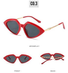 Detailed views of red geometric sunglasses with golden metal temples and grey lenses