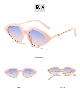 Detailed views of pink geometric sunglasses with gradient lenses and gold metal temples
