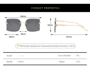 Size chart for rimless square sunglasses detailing lens width and frame measurements