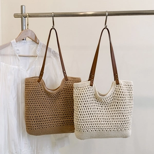 Women Crochet Woven Tote Bag Hollow Mesh Handbag With PU Leather Handles Large Capacity Summer Beach Vacation Casual Bohemian Style