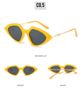 Three views showing front, side and back angles of yellow triangular metal sunglasses