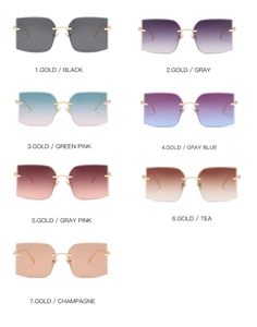 Detailed grid view showing seven color options for rimless square fashion sunglasses