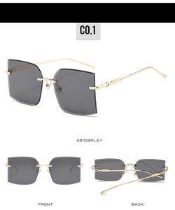 Detailed views of rimless square sunglasses with grey lenses and engraved gold temples