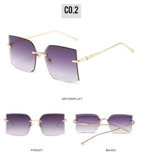 Detailed views of rimless square sunglasses with purple gradient lenses and gold temples