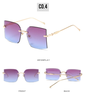 Three-way view of rimless square sunglasses showing blue gradient lenses and gold temples