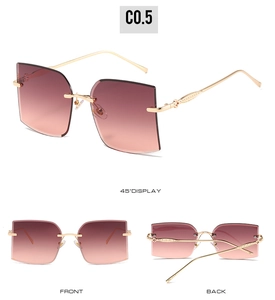 Three-angle view of rimless square sunglasses with gradient brown lenses and metal temples