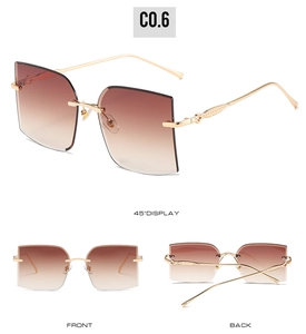 Three-way view of rimless square sunglasses with tea gradient lenses and carved gold temples