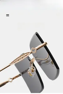 Detail of rimless sunglasses featuring gradient grey lenses and elastic gold metal temples