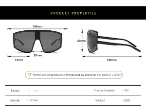 Detailed size specifications for black unisex PC sports cycling sunglasses with large lens