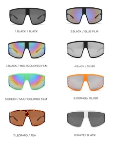 Selection of eight colorful oversized cycling sunglasses with various mirror lens finishes