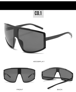 Three-view display of black large shield cycling sunglasses showing front and back angles