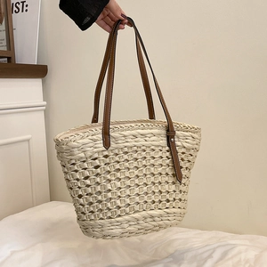 Sac cabas rétro tissé à la main avec anses en similicuir marron pour vacances d'été mode