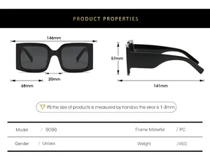 Detaillierte Größentabelle für quadratische Sonnenbrillen mit 146mm Breite und PC-Material