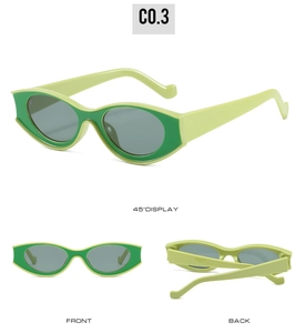 Drei Ansichten einer Retro-Cat-Eye-Sonnenbrille mit trendigem zweifarbigem grünem Rahmen