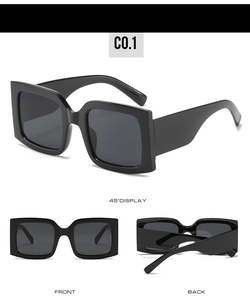 Detailansicht der quadratischen schwarzen Sonnenbrille mit Front- und Rückansicht