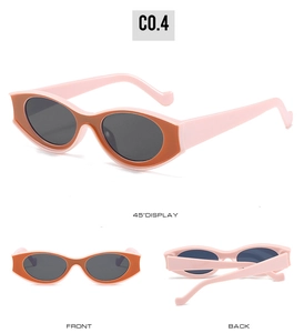 Drei Ansichten der Retro-Sonnenbrille in Pink und Braun mit dunklen ovalen Gläsern