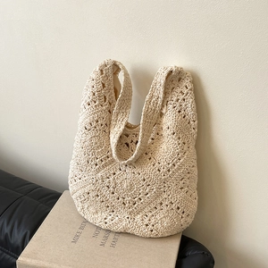 Women Hand Crocheted Hollow Out Hobo Bag Knitted Floral Lace Tote Shoulder Handbag Casual Beach Vacation Bohemian Style