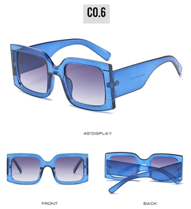 Mehrwinkel-Ansicht der transparent blauen quadratischen Sonnenbrille mit lila Verlauf
