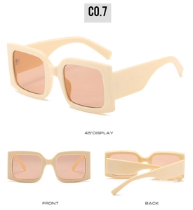 Detailansichten der quadratischen beigen Sonnenbrille mit orangen Gläsern aus drei Winkeln