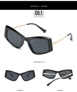 Vues détaillées de lunettes de soleil carrées rétro avec monture noire et branches dorées