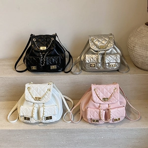 Fashion Quilted Rhombic PU Leather Backpack For Women With Gold Chain And Twist Lock Drawstring Small Commuter Bag